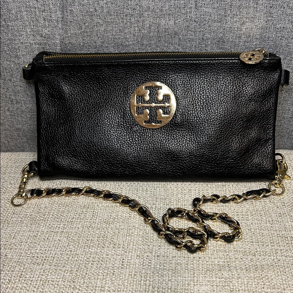 Tory Burch Black Leather Shoulder Bag with Gold Chain‎ & Logo